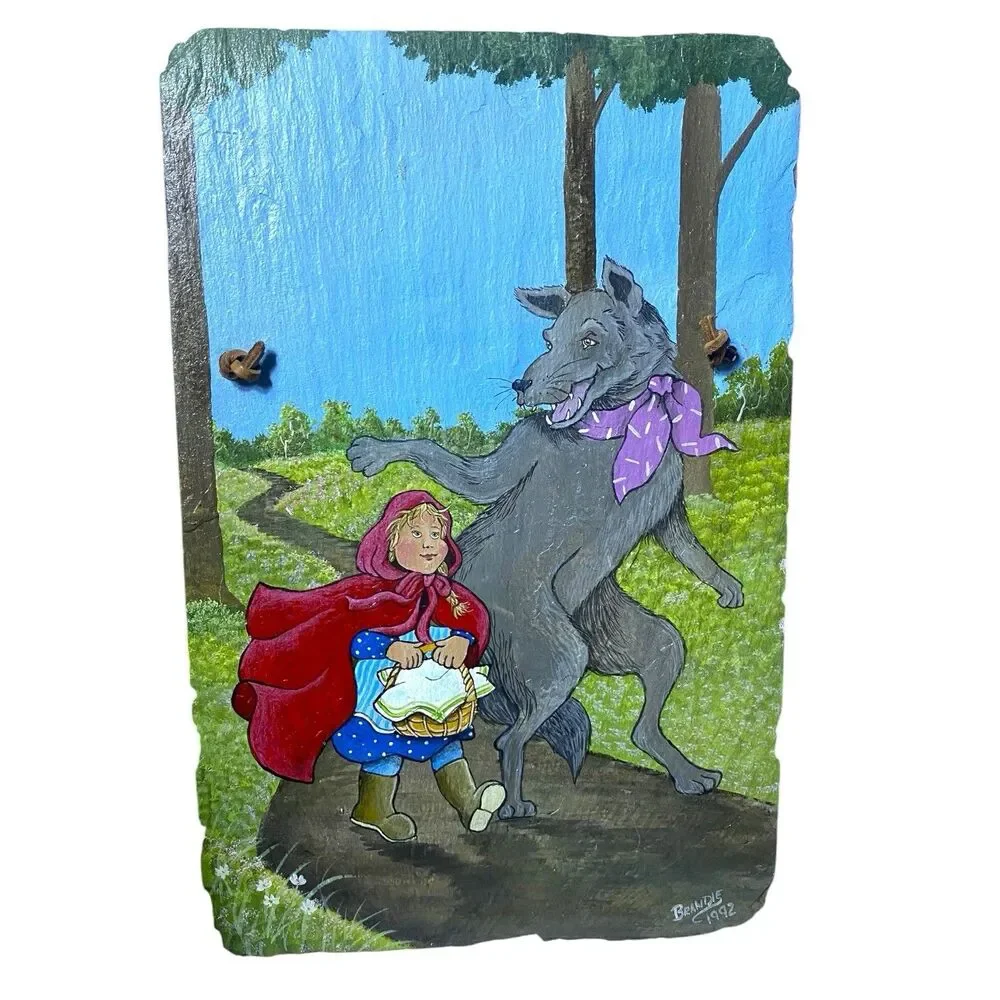 Vintage Hand Painted Little Red Riding Hood Wolf Slate Rock Wall Hanging Decor